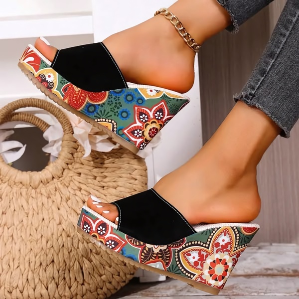 wedge sandals, platform sandals, floral wedge shoes, summer sandals, open toe sandals, new arrival, lifestyle, calm, neutral, green, red